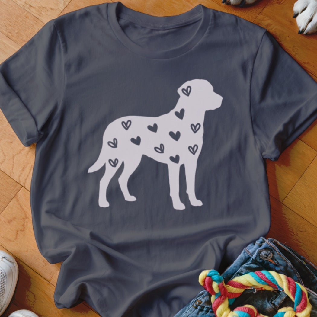 Dark grey t-shirt with a white dog silhouette filled with small black hearts.