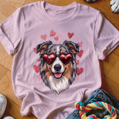 Light pink t-shirt featuring a graphic of an Australian Shepherd wearing heart-shaped sunglasses surrounded by pink hearts.