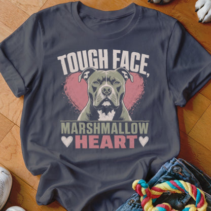 T-shirt with dog graphic. Text reads "Tough Face, Marshmallow Heart".