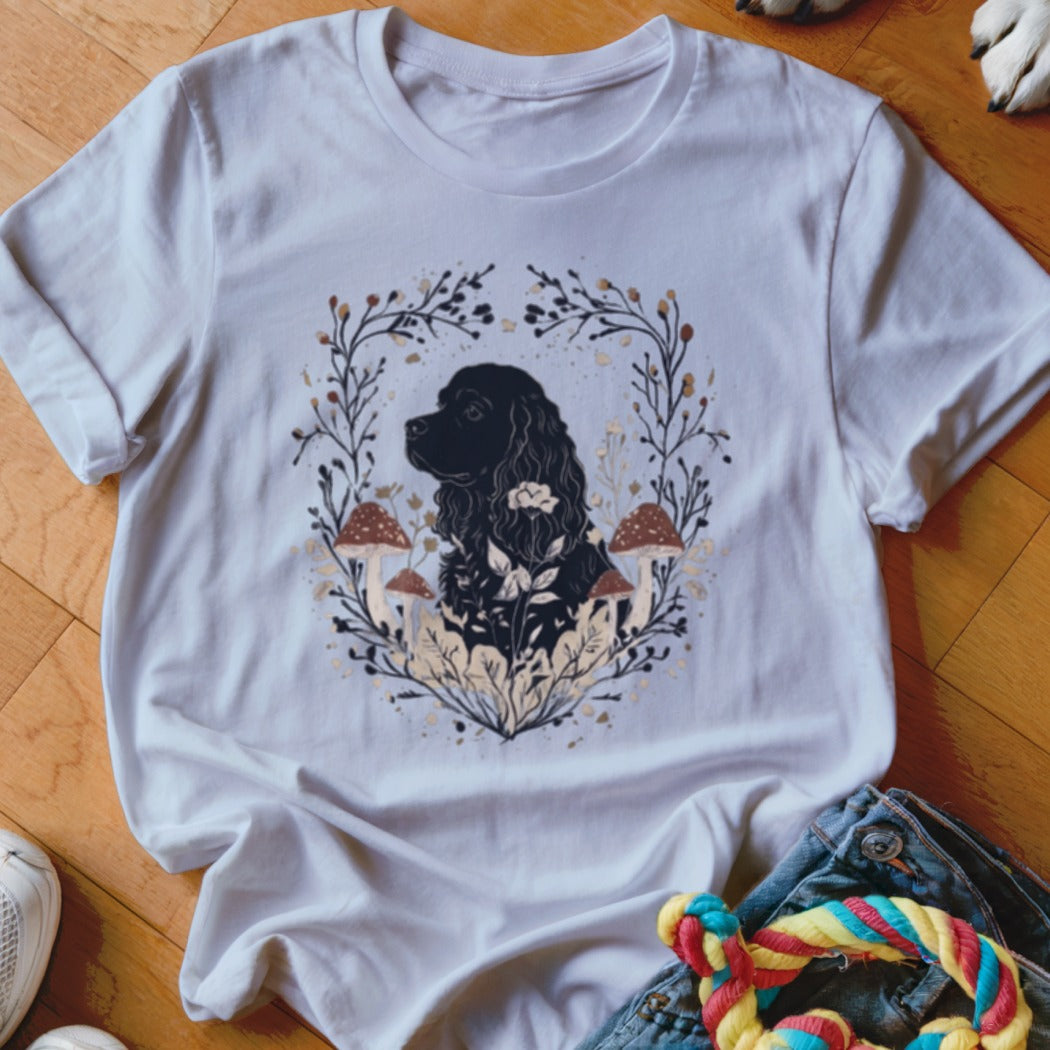 A white crewneck t-shirt featuring a black spaniel silhouette surrounded by botanical illustrations and mushrooms.