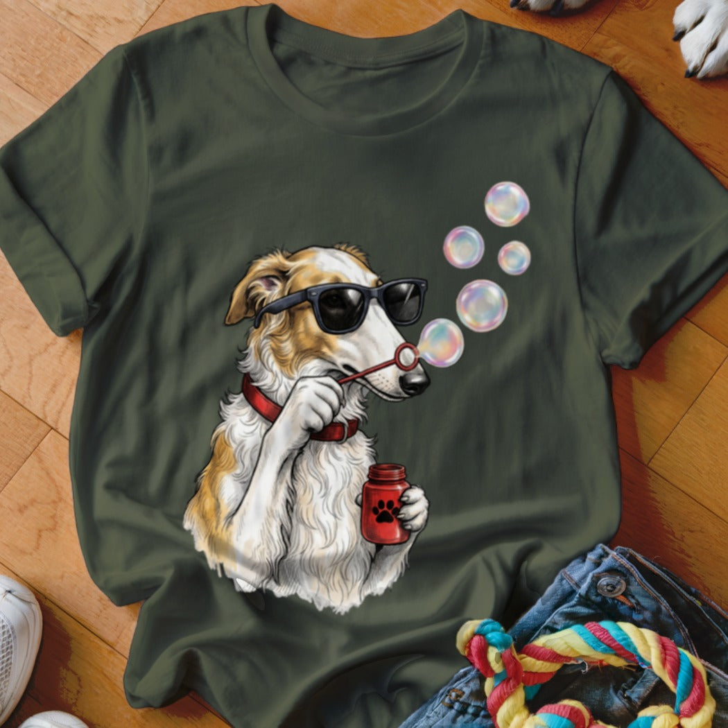 Dark green t-shirt featuring an illustration of a borzoi dog wearing sunglasses and blowing bubbles.