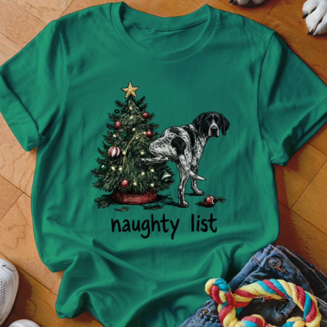 Dog lifting leg on Christmas tree with text "naughty list" below.
