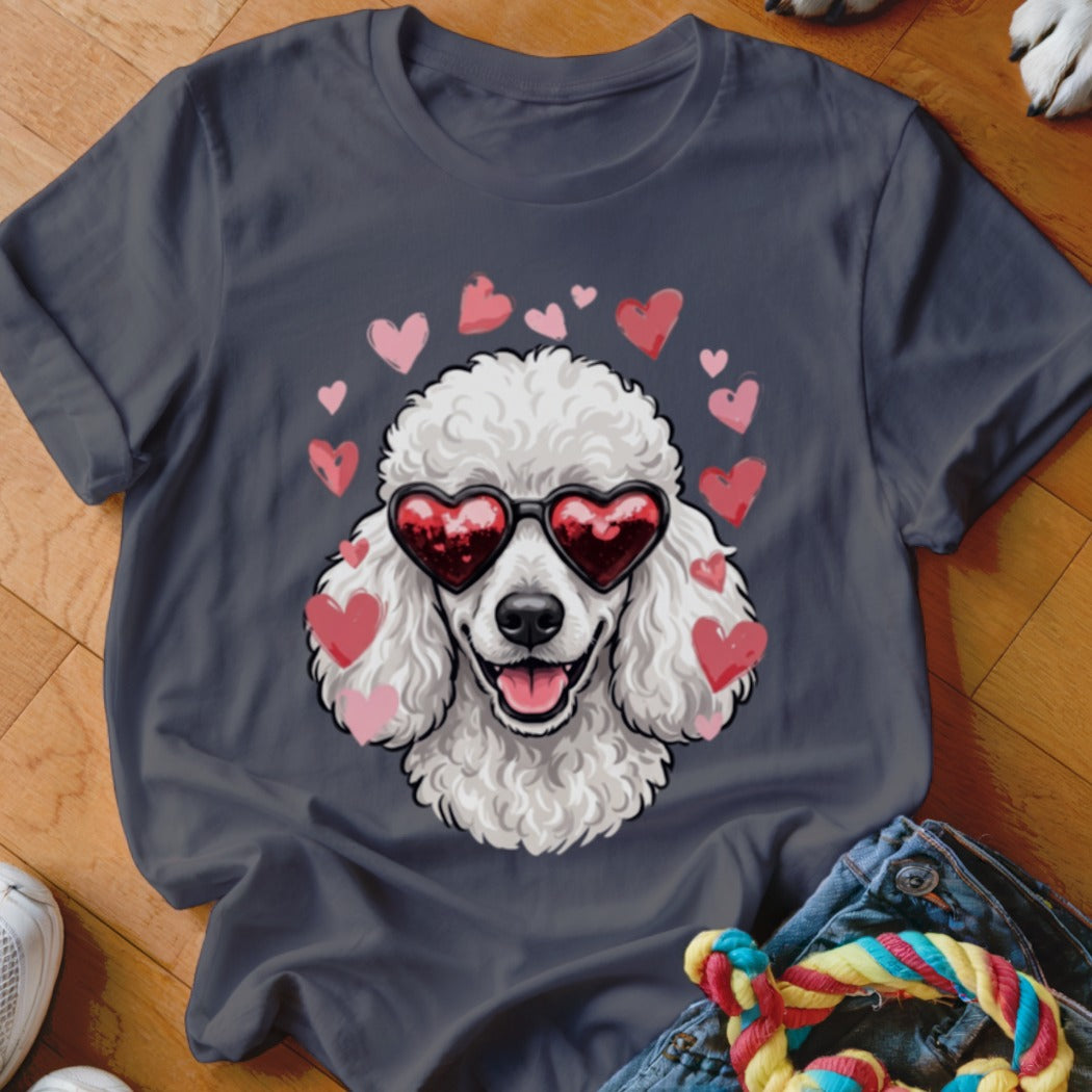 Charcoal grey t-shirt featuring a white poodle wearing heart-shaped sunglasses, surrounded by pink hearts.