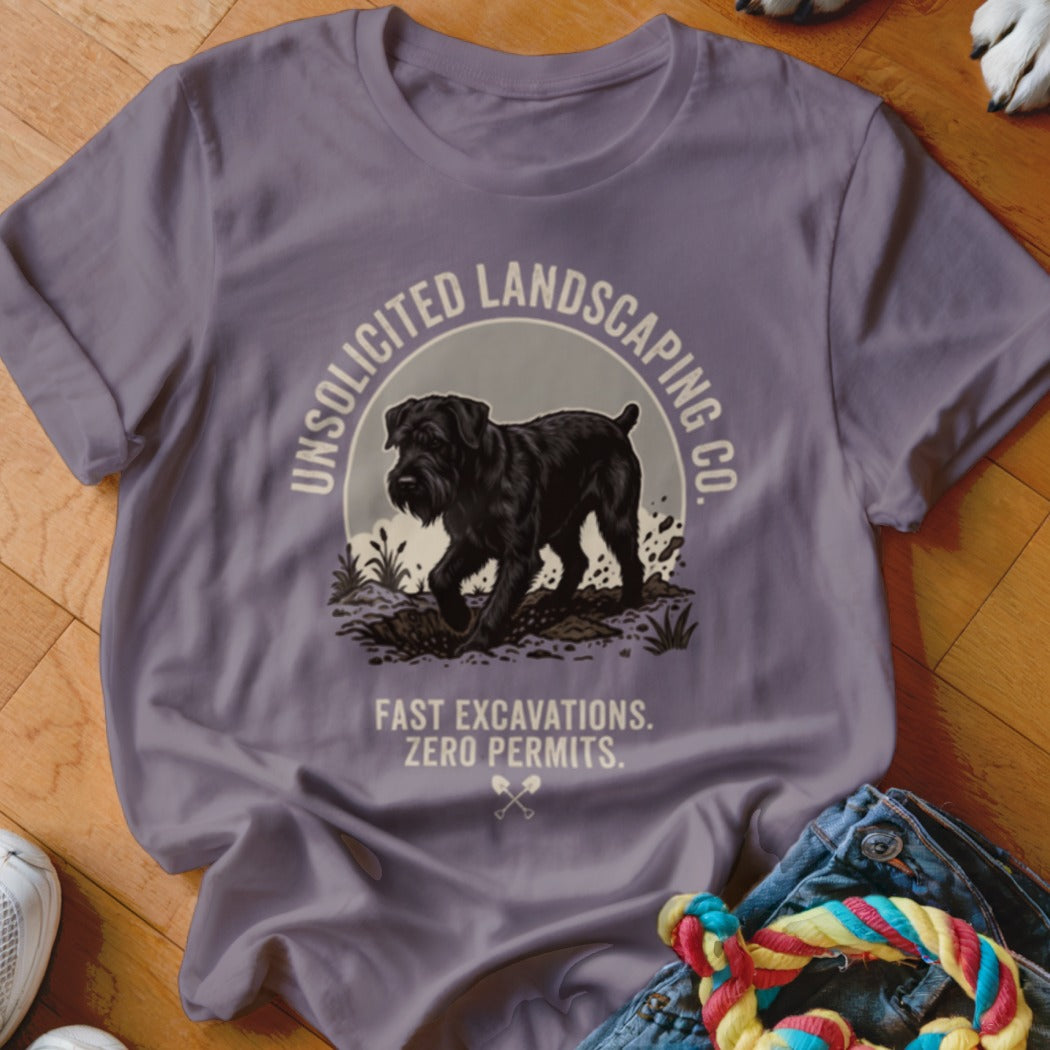 Purple t-shirt with a black dog digging, "Unsolicited Landscaping Co." text.