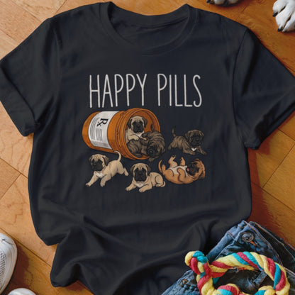 Black t-shirt with "HAPPY PILLS" text and an orange prescription bottle spilling out mastiff puppies.