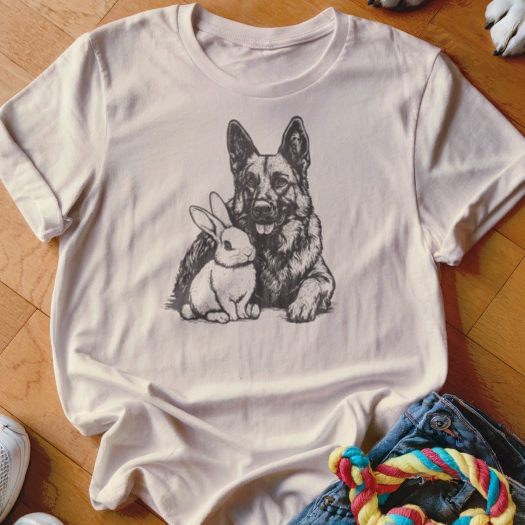 T-shirt with sketch of German Shepherd dog and bunny