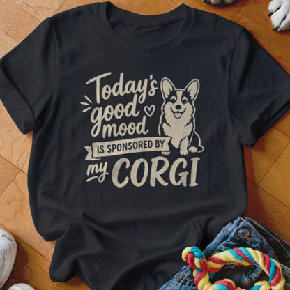 Black t-shirt with "Today's good mood is sponsored by my CORGI" and a corgi illustration.