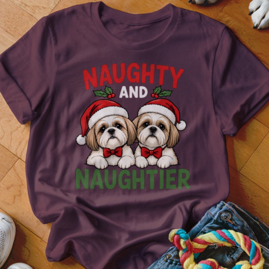 Two shih tzus in Santa hats and red bow ties, with text "NAUGHTY AND NAUGHTIER".