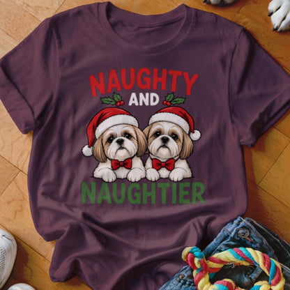 Two shih tzus in Santa hats and red bow ties, with text "NAUGHTY AND NAUGHTIER".