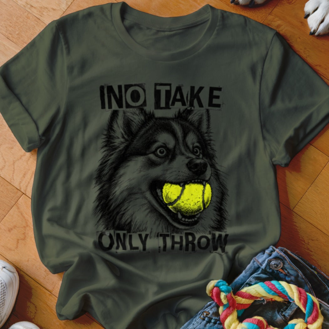Green t-shirt with dog graphic saying "NO TAKE ONLY THROW" and holding tennis ball.