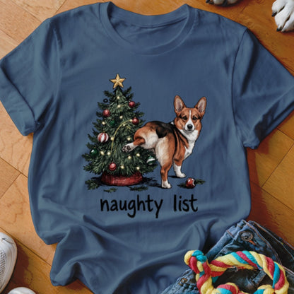 Corgi by Christmas tree with text "naughty list"