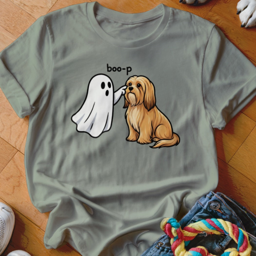 A ghost boops a dog's nose with the text "boo-p".