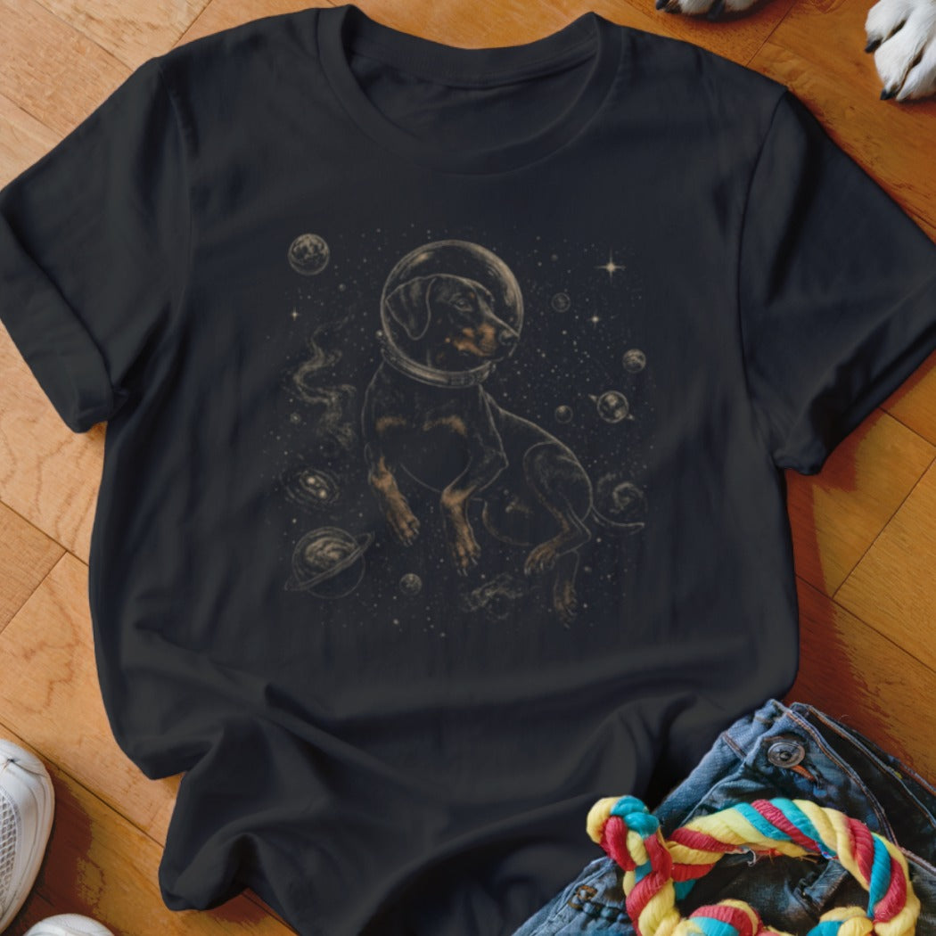Black t-shirt with a dachshund in a space helmet surrounded by planets and stars.