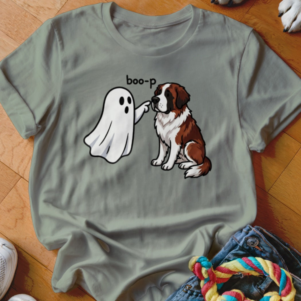 Ghost poking dog with text "boo-p" on gray t-shirt.