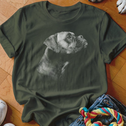 Olive green t-shirt with a greyscale Boxer dog portrait.