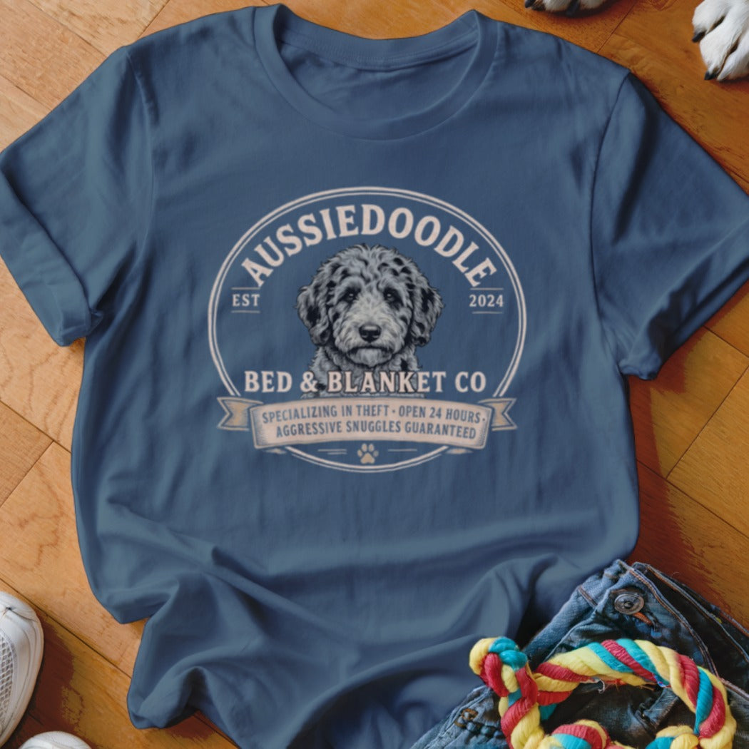 Blue t-shirt with Aussiedoodle logo: "Aussiedoodle Est 2024 Bed & Blanket Co".