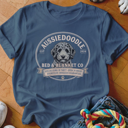 Blue t-shirt with Aussiedoodle logo: "Aussiedoodle Est 2024 Bed & Blanket Co".