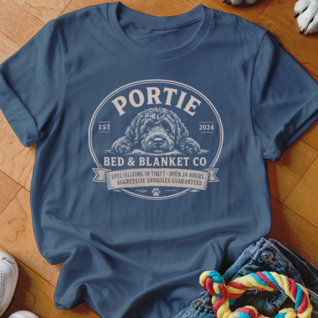 Navy t-shirt with "Portie Bed & Blanket Co" logo featuring a dog.