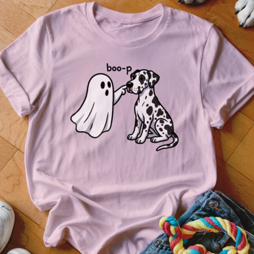 Ghost booping a dalmatian dog with "boo-p" text on a pink t-shirt.