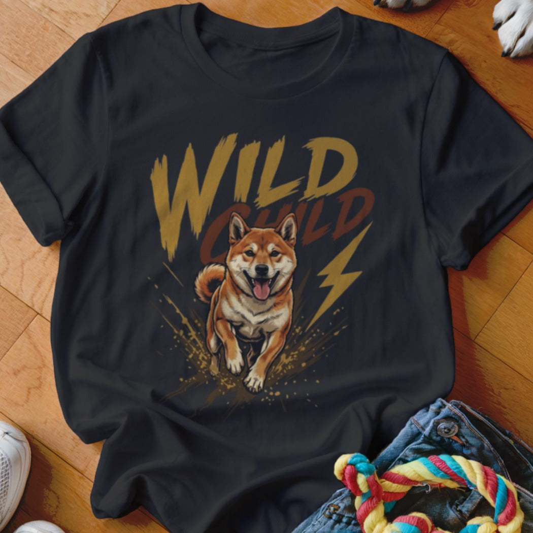 Black t-shirt featuring a graphic of a running Shiba Inu and the text Wild Child.
