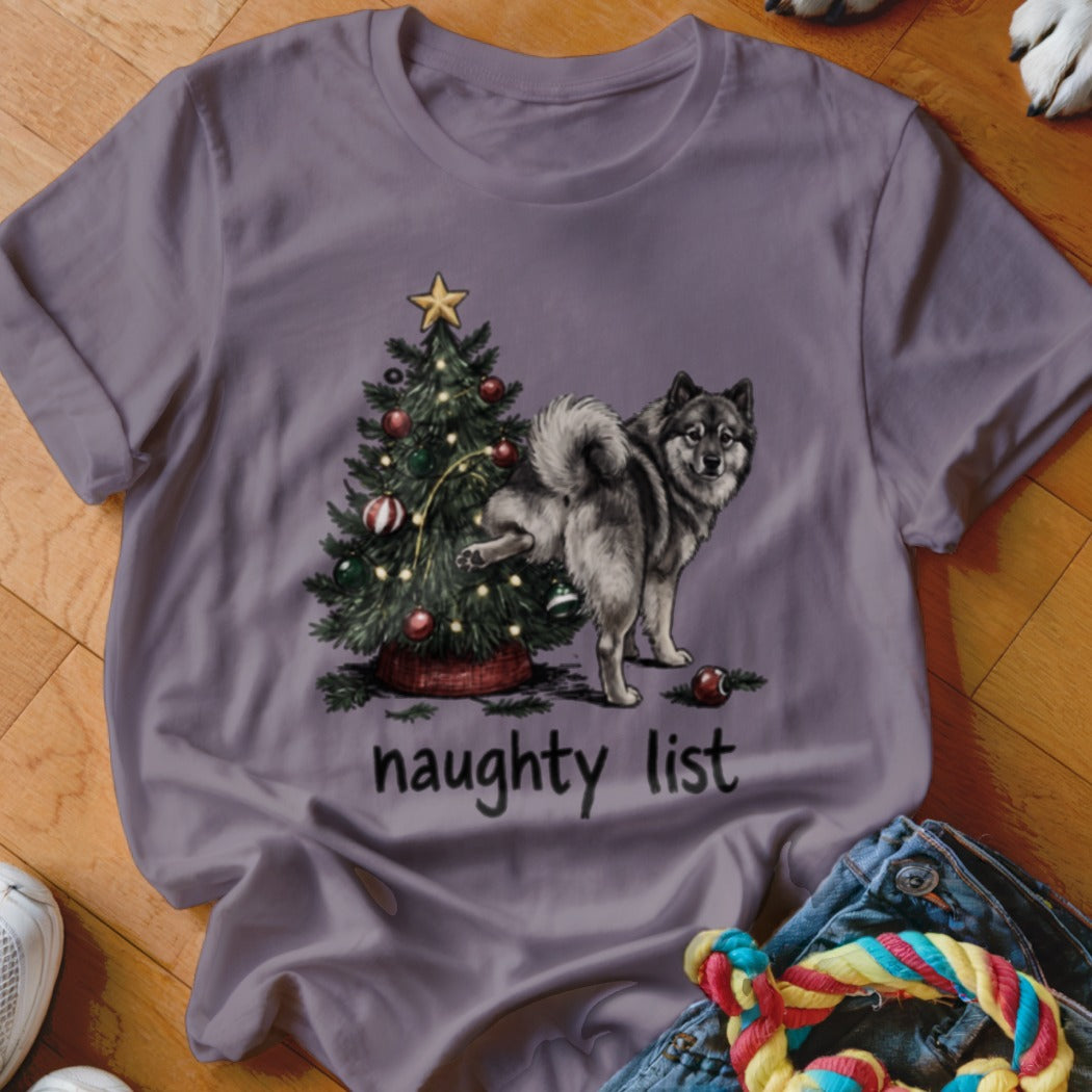 Grey t-shirt with a dog by a Christmas tree and the text "naughty list".