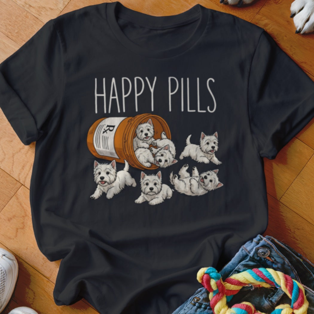 Black t-shirt with "HAPPY PILLS" text above a pill bottle spilling out West Highland White Terrier puppies.