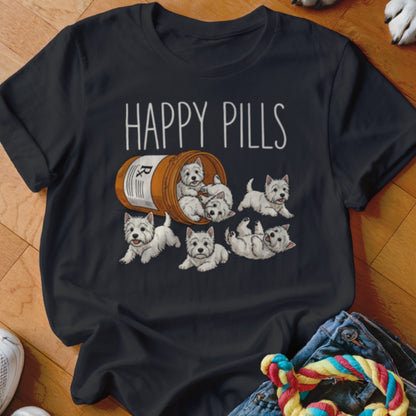 Black t-shirt with "HAPPY PILLS" text above a pill bottle spilling out West Highland White Terrier puppies.