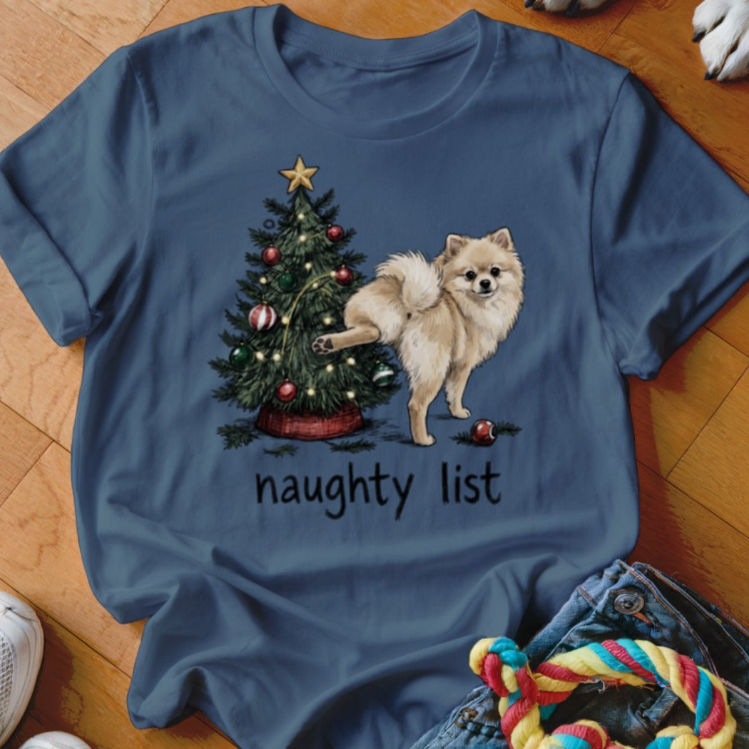 Pomeranian dog with Christmas tree and "naughty list" text.