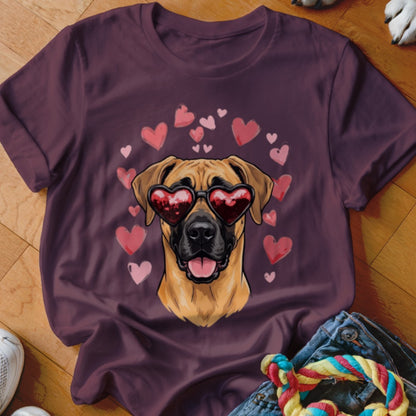 A maroon t-shirt printed with a fawn-colored dog wearing heart-shaped sunglasses, surrounded by pink hearts.