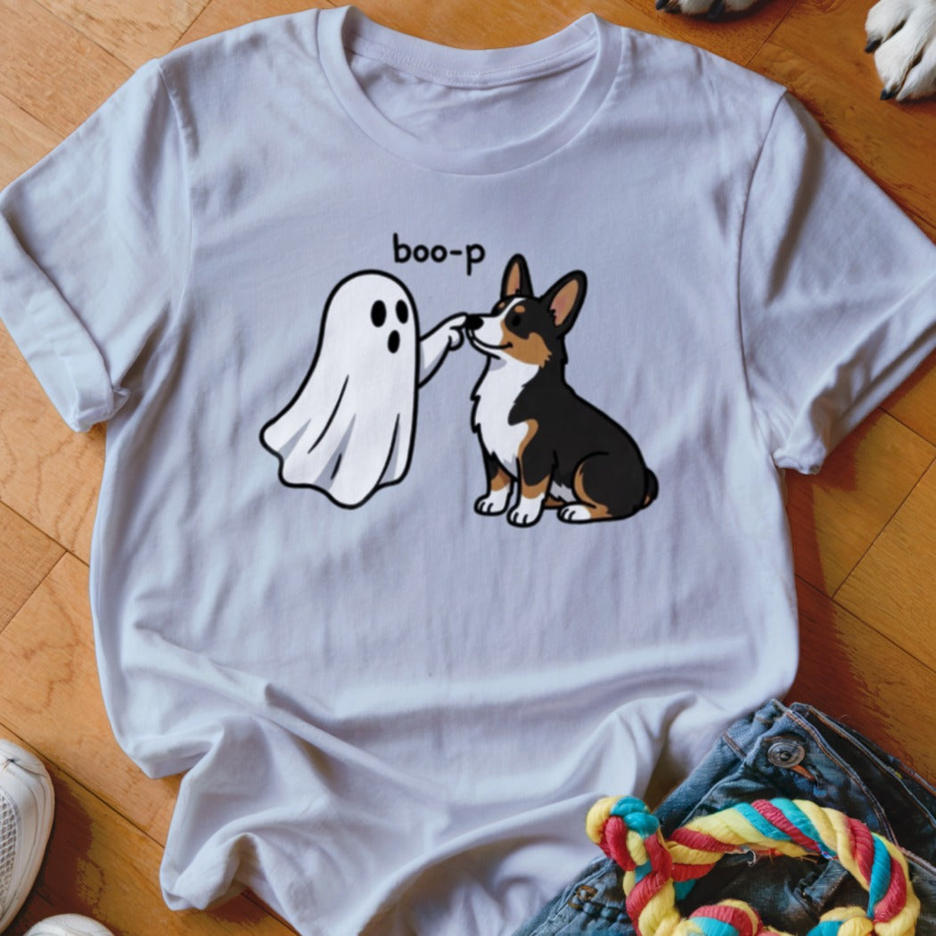 White t-shirt with a corgi booping a ghost with text "boo-p".