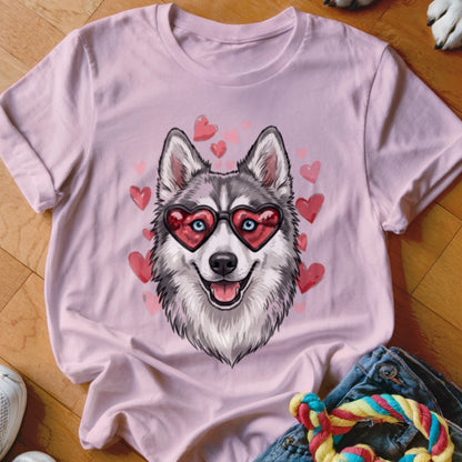 A light pink t-shirt featuring a graphic of a smiling husky wearing heart-shaped sunglasses surrounded by pink hearts.