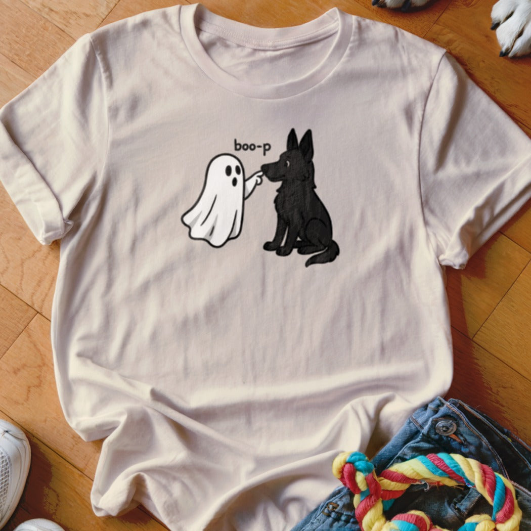 T-shirt with cartoon ghost booping black dog with "boo-p" text.