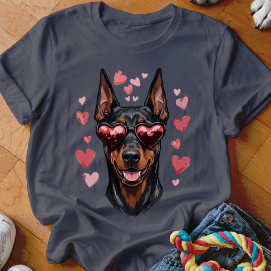 Dark grey t-shirt featuring a Doberman pinscher wearing heart-shaped sunglasses surrounded by pink hearts.