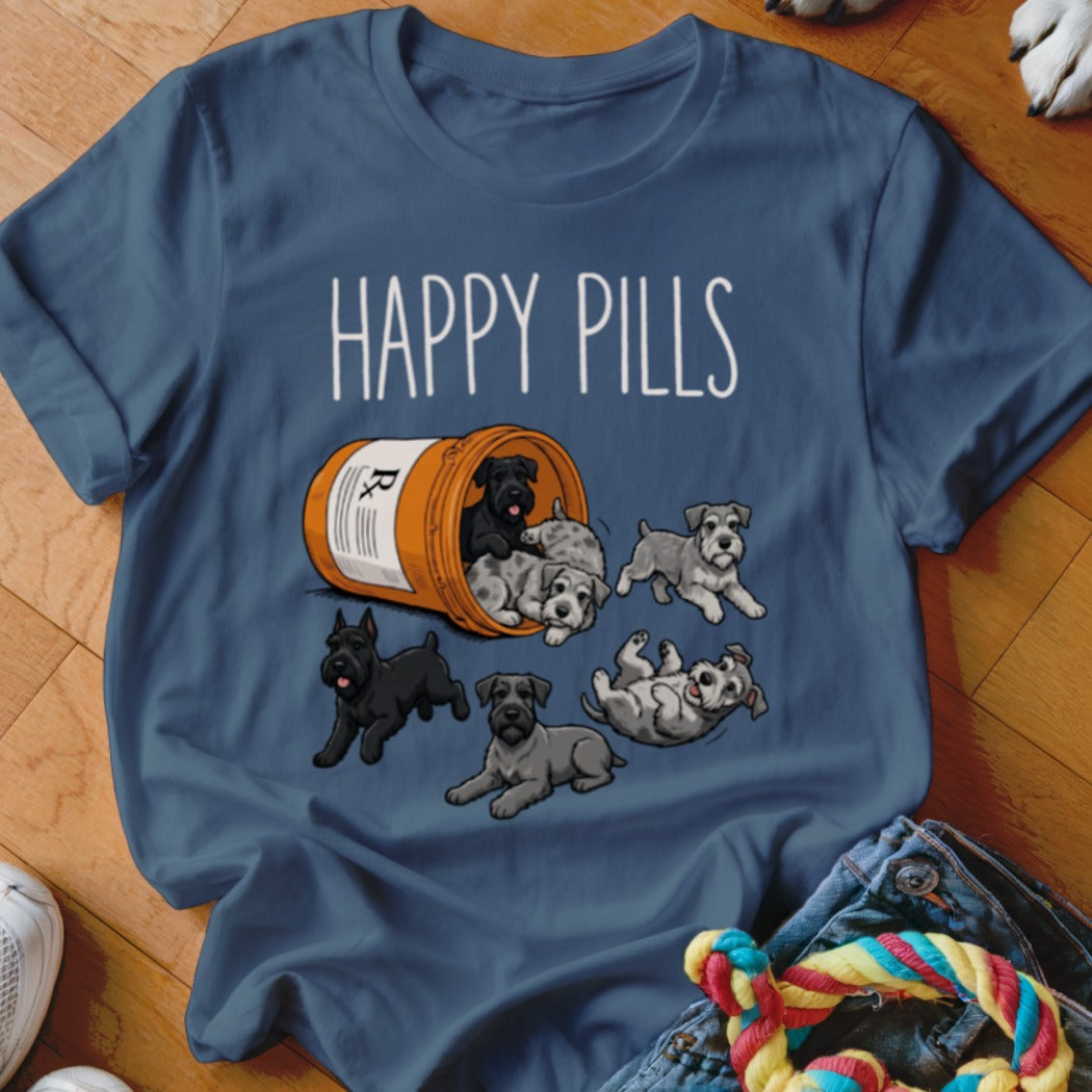 T-shirt with a prescription bottle spilling out playful Schnauzer puppies and the text "Happy Pills".