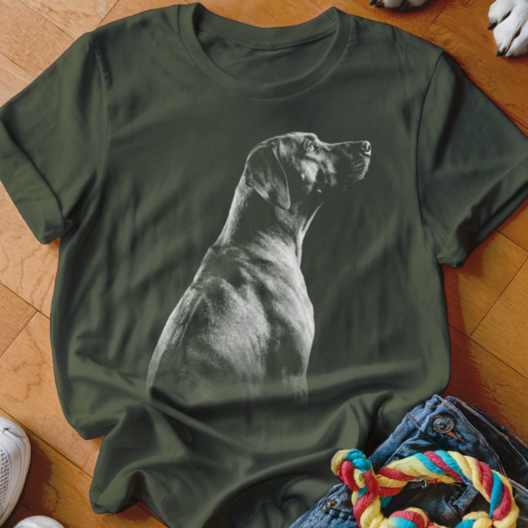 Olive green t-shirt with a black and white portrait of a dog's head.