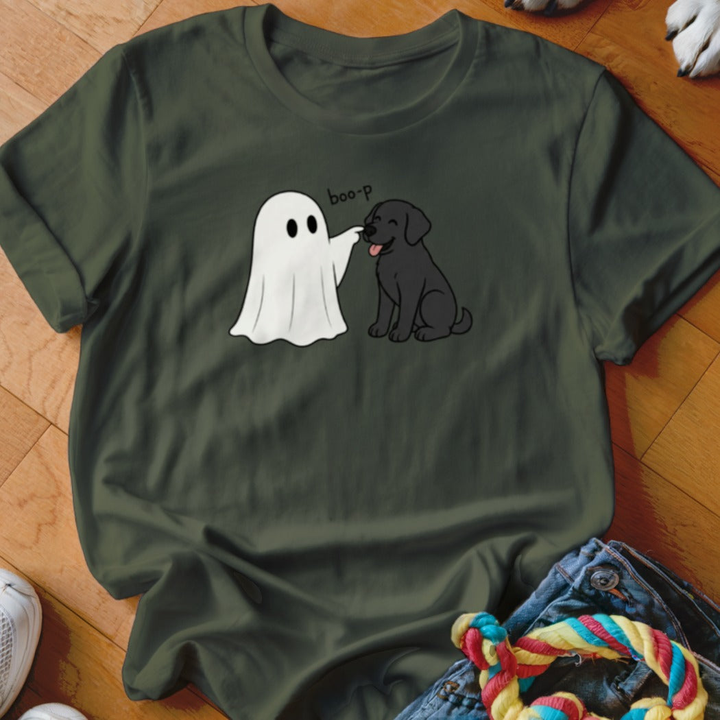Ghost booping a happy black dog with the text "boo-p".