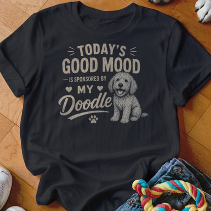 Black t-shirt with text "Today's good mood is sponsored by my Doodle" and a dog illustration.