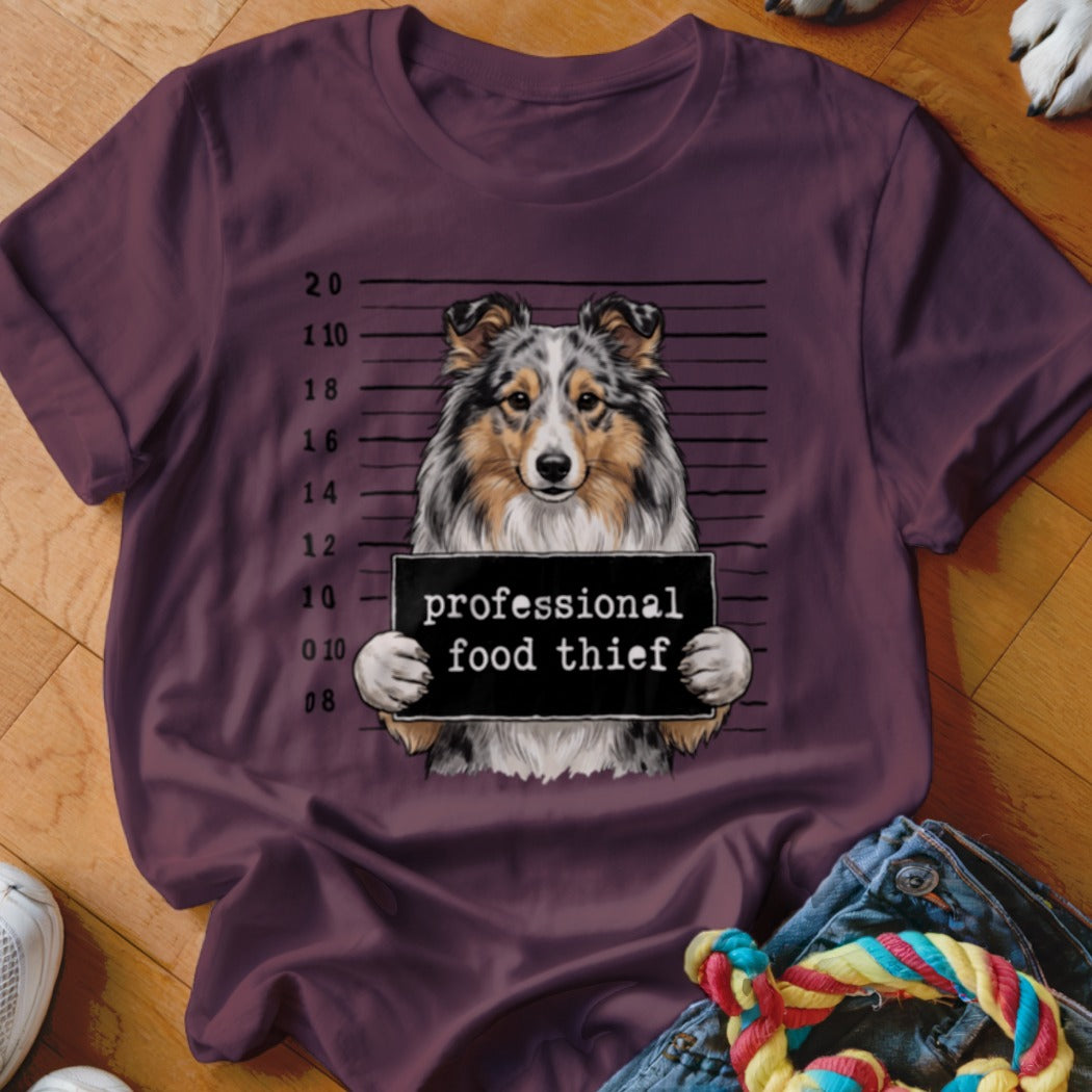 Dog with mugshot sign reading "professional food thief" on a maroon t-shirt.