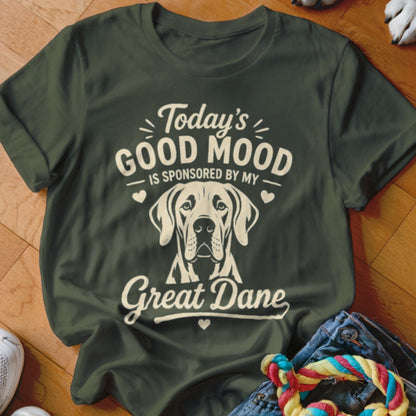 Olive green t-shirt with "Today's Good Mood Is Sponsored By My Great Dane" text and dog graphic.