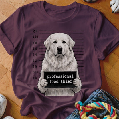 White dog holding a "professional food thief" sign with a height chart.