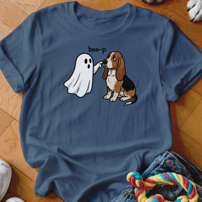 Ghost booping a sad Basset Hound on the nose with text "boo-p".