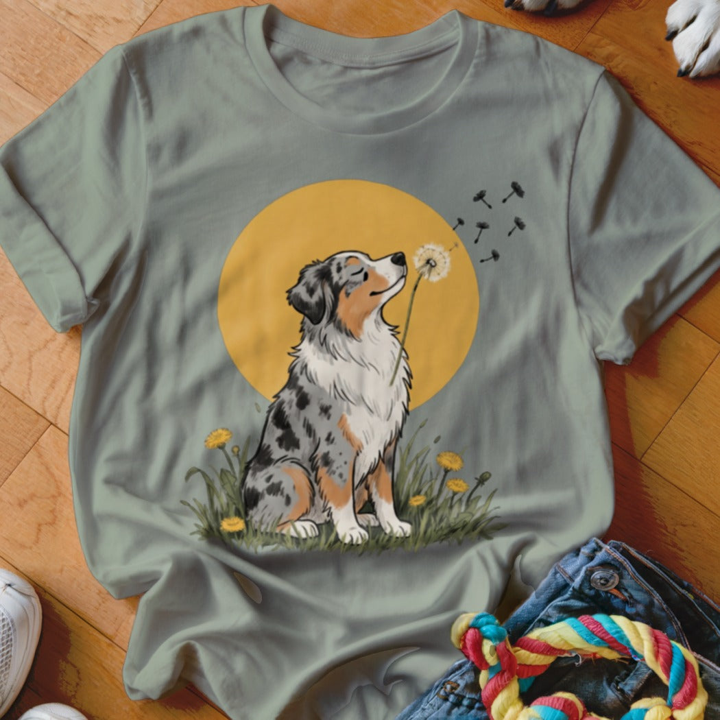 A gray crewneck t-shirt featuring an illustration of an Australian Shepherd blowing a dandelion against a yellow circle background.