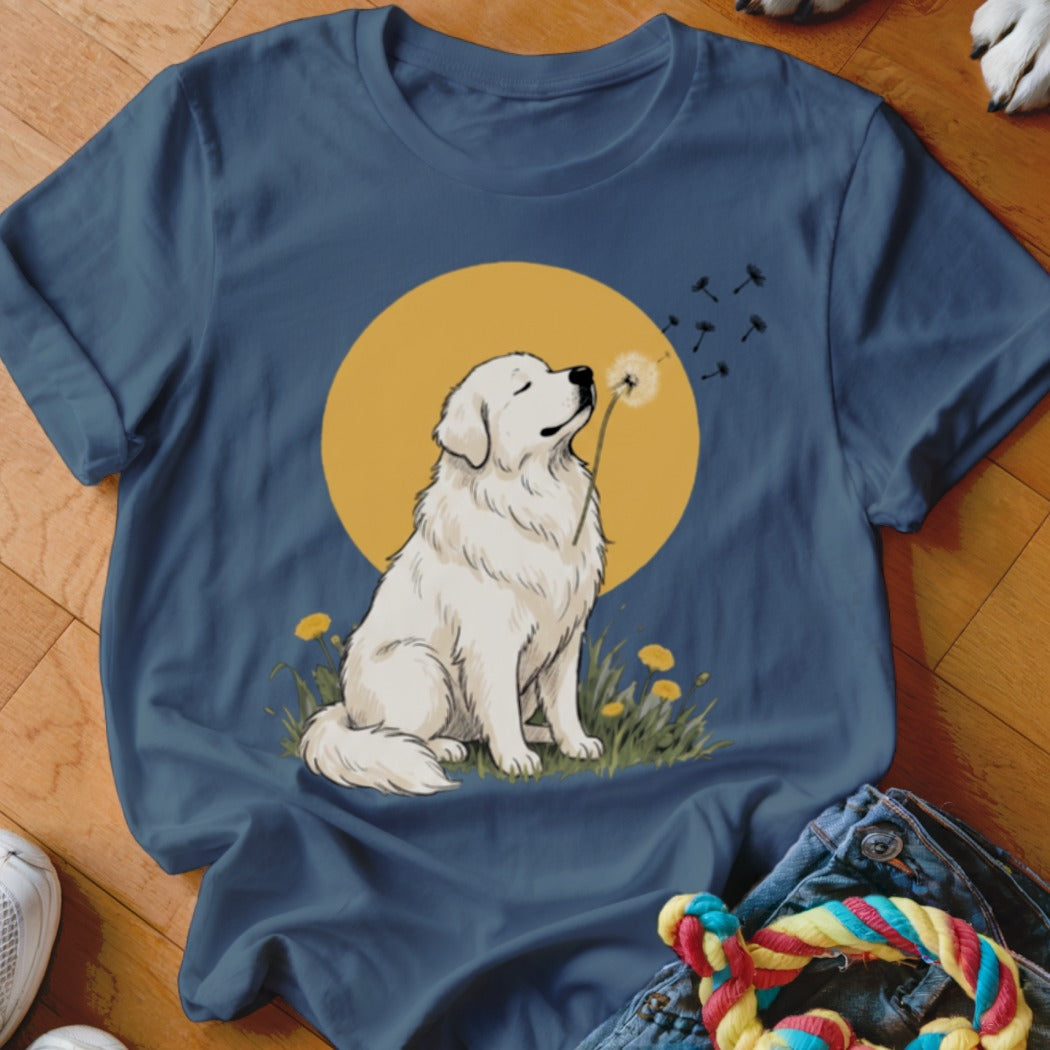 Navy blue t-shirt featuring an illustration of a white dog blowing a dandelion seed head.