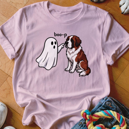 A ghost "boop-p" a seated St. Bernard on a light pink t-shirt.
