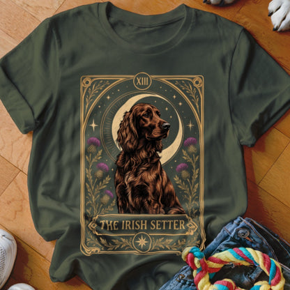 Dark green t-shirt featuring a tarot card graphic of an Irish Setter with a crescent moon.