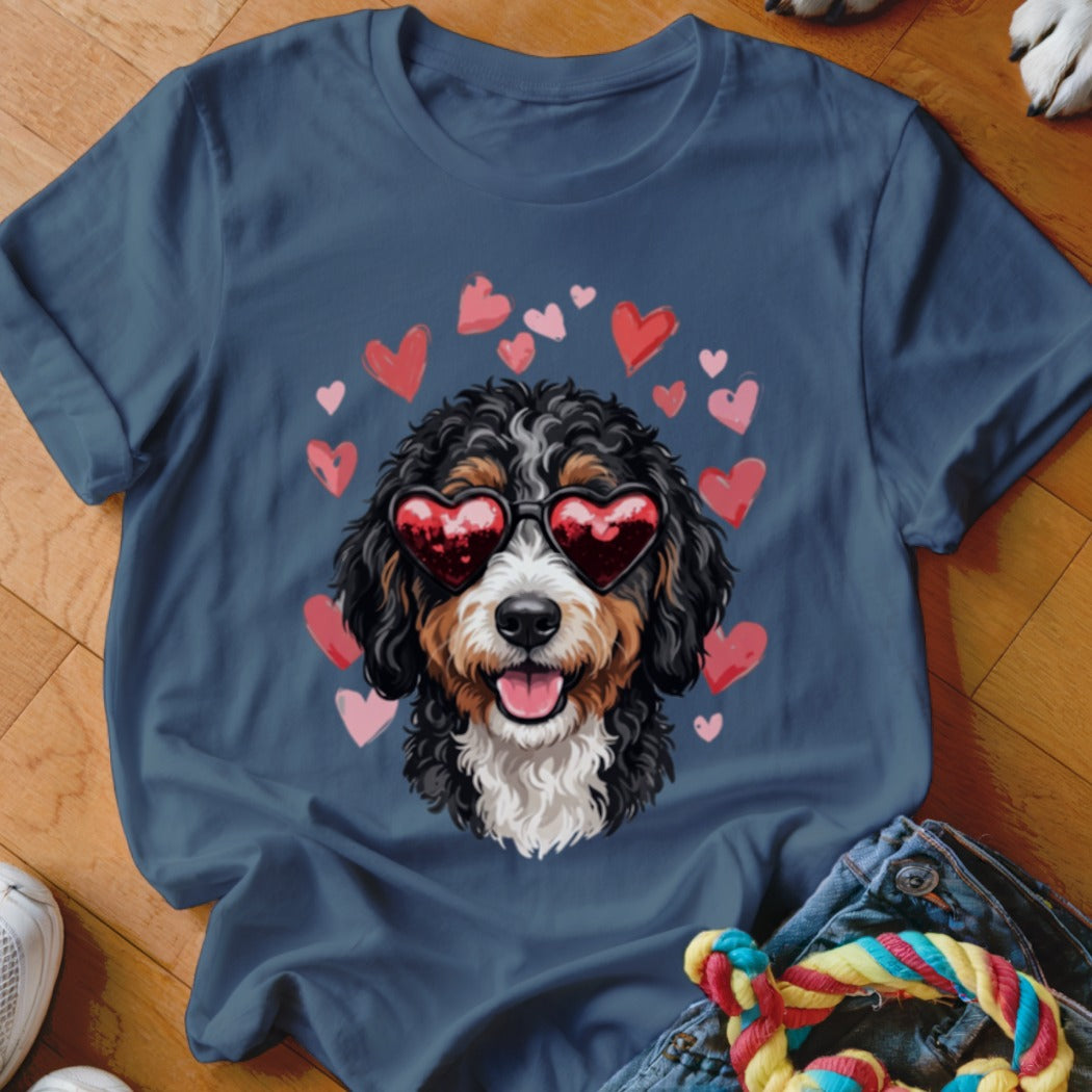 Dark blue t-shirt featuring a Bernedoodle wearing heart-shaped sunglasses, surrounded by floating red hearts.
