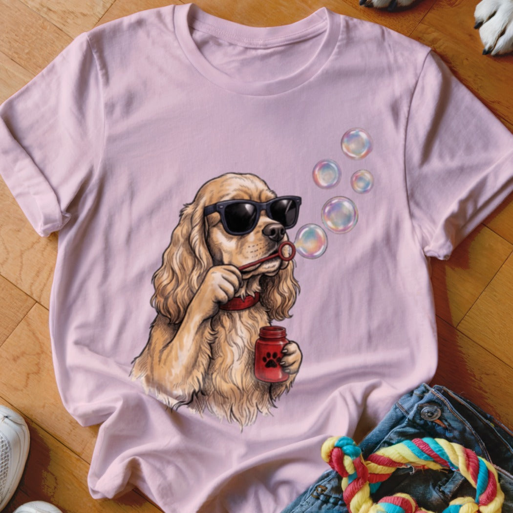A light pink t-shirt features a graphic of a golden spaniel wearing sunglasses and blowing bubbles.