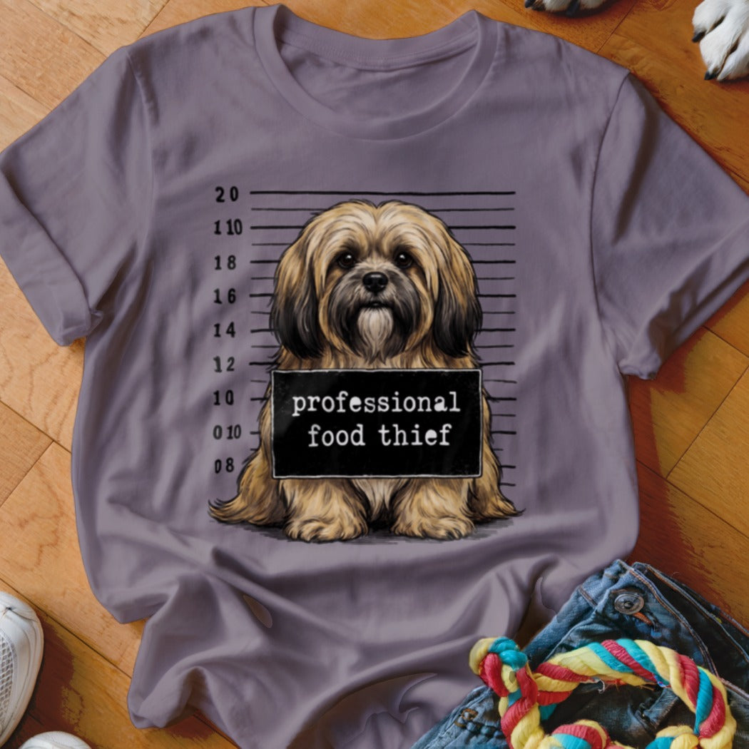 Shih Tzu dog mugshot on a gray t-shirt reads "professional food thief."