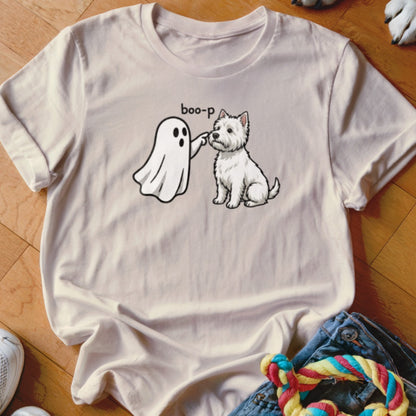 T-shirt with cartoon ghost saying "boo-p" to a west highland white terrier dog.
