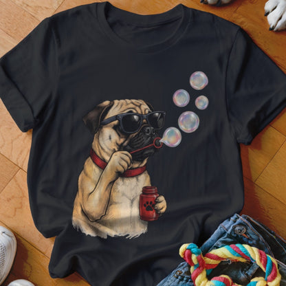 Black t-shirt featuring a graphic of a pug wearing sunglasses and blowing soap bubbles.